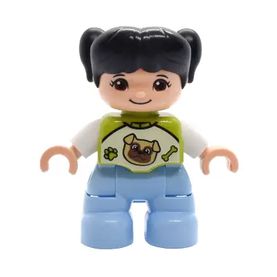 Duplo Figure Lego Ville, Child Girl, Bright Light Blue Legs, Lime Top with Pug Dog Pattern, Black Hair with Pigtails (6527696)