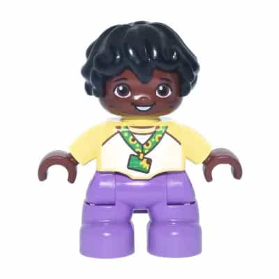 Duplo Figure Lego Ville, Child Boy, Medium Lavender Legs, Bright Light Yellow and White Top Baseball T-Shirt, Sunflower ID Badge on Lanyard Pattern, Black Hair (6544013)