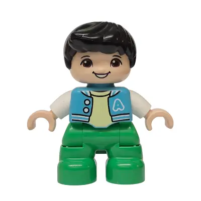 Duplo Figure Lego Ville, Child Boy, Bright Green Legs, Medium Azure Jacket with Capital Letter A and Buttons, Black Hair (6590637)