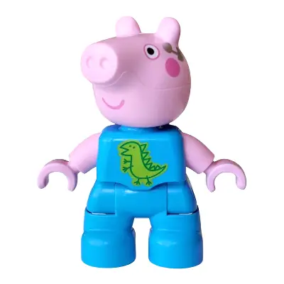 Duplo Figure Lego Ville, George Pig - Dark Azure Outfit with Green Dinosaur Outline on Lime Background, Silver Earpiece Pattern (6601057)