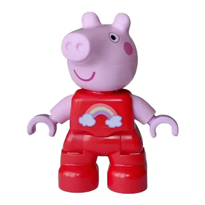 Duplo Figure Lego Ville, Peppa Pig - Red Outfit with Coral, Bright Light Yellow and Medium Lavender Rainbow, White Clouds Pattern (6601118)