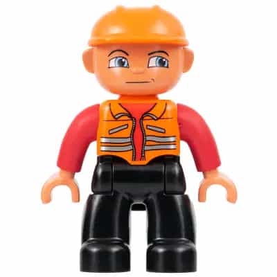 Duplo Figure Lego Ville, Male, Black Legs, Orange Vest, Orange Construction Helmet