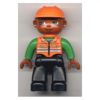 Duplo Figure Lego Ville, Male, Black Legs, Orange Vest with Green Arms, Orange Construction Helmet