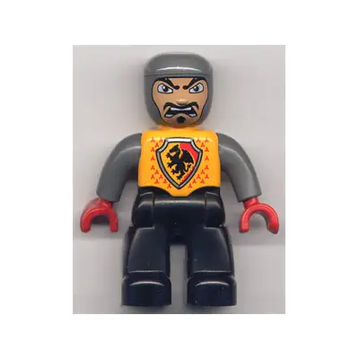 Duplo Figure Lego Ville, Male Castle, Black Legs, Bright Light Orange Chest, Dark Bluish Gray Arms, Red Hands, Open Mouth