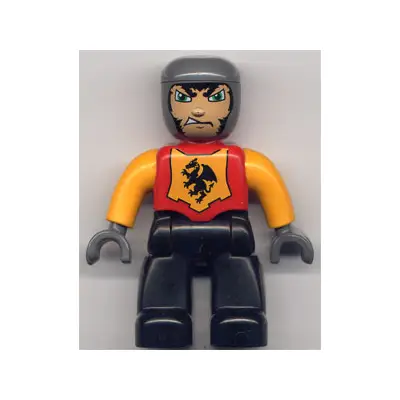 Duplo Figure Lego Ville, Male Castle, Black Legs, Red Chest, Bright Light Orange Arms, Dark Bluish Gray Hands
