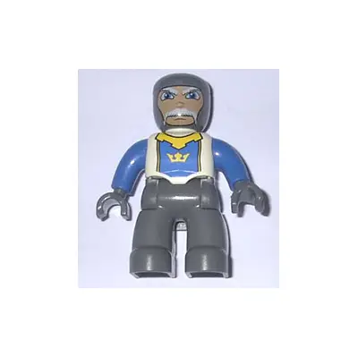 Duplo Figure Lego Ville, Male Castle, Dark Bluish Gray Legs, White Chest, Blue Arms, Dark Bluish Gray Hands