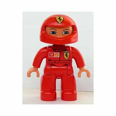 Duplo Figure Lego Ville, Male, Red Legs, Red Top with Ferrari / Shell / Vodafone Pattern, Red Helmet (4233467)