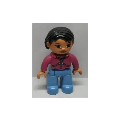 Duplo Figure Lego Ville, Female, Medium Blue Legs, Magenta Top, White Zipper, Black Hair, Brown Eyes