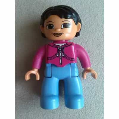 Duplo Figure Lego Ville, Female, Medium Blue Legs, Magenta Top with White Drawstring, Black Hair, Brown Eyes