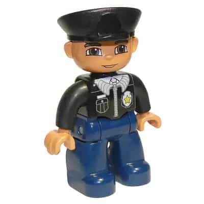 Duplo Figure Lego Ville, Male Police, Black Hat, Light Nougat Head and Hands, Brown Eyes, Black Shirt with Badge, Dark Blue Legs