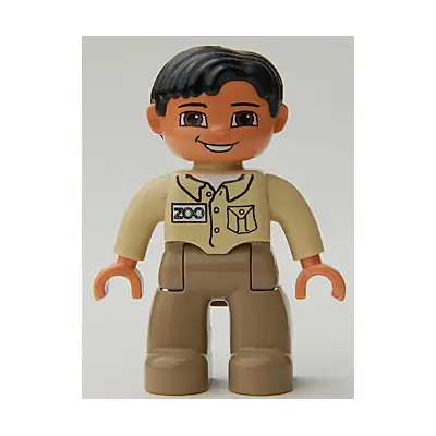 Duplo Figure Lego Ville, Male, Dark Tan Legs, Tan Top, Black Hair, Brown Eyes (Zoo Keeper)