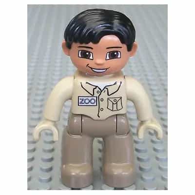 Duplo Figure Lego Ville, Male, Dark Tan Legs, Tan Top, Tan Hands, Black Hair, Brown Eyes (Zoo Keeper)