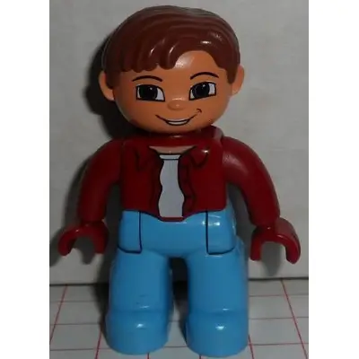 Duplo Figure Lego Ville, Male, Medium Blue Legs, Dark Red Top, Reddish Brown Hair, Blue Eyes, Dark Red Hands