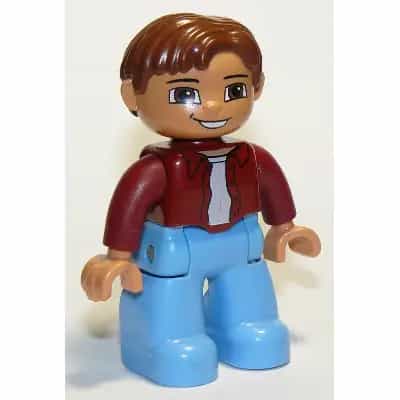 Duplo Figure Lego Ville, Male, Medium Blue Legs, Dark Red Top, Reddish Brown Hair, Open Mouth Smile, Reddish Brown Eyes