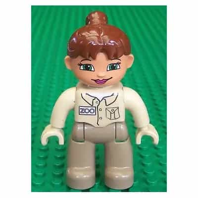 Duplo Figure Lego Ville, Female, Dark Tan Legs, Tan Top, Tan Hands, Reddish Brown Ponytail Hair, Green Eyes (Zoo Keeper)