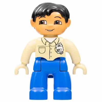 Duplo Figure Lego Ville, Male, Blue Legs, Tan Top with Buttons and Rag in Pocket, Black Hair, Tan Hands (Mechanic)