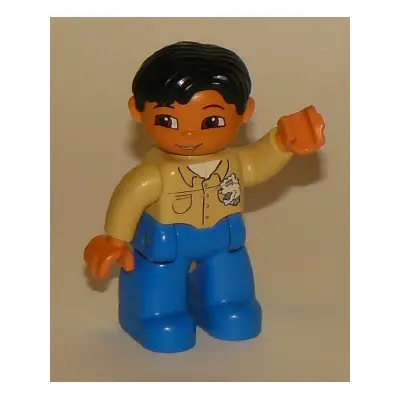 Duplo Figure Lego Ville, Male, Blue Legs, Tan Top with Buttons and Rag in Pocket, Black Hair, Nougat Hands (Mechanic)