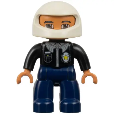 Duplo Figure Lego Ville, Male Police, Dark Blue Legs, Black Top with Badge, Black Arms, White Helmet, Dark Bluish Gray Eyebrows, Reddish Brown Eyes