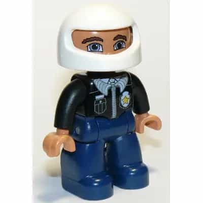 Duplo Figure Lego Ville, Male Police, Dark Blue Legs, Black Top with Badge, Black Arms, White Helmet, Reddish Brown Eyebrows, Blue Eyes