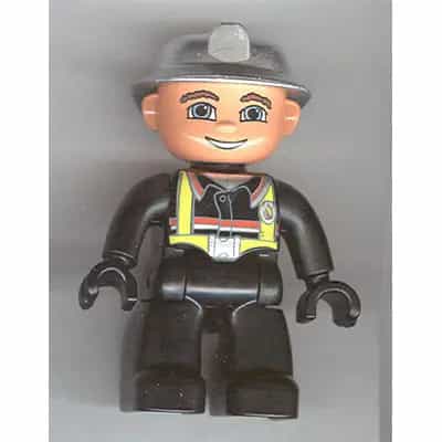 Duplo Figure Lego Ville, Male Fireman, Black Legs, Black Hands, Silver Helmet, Blue Eyes
