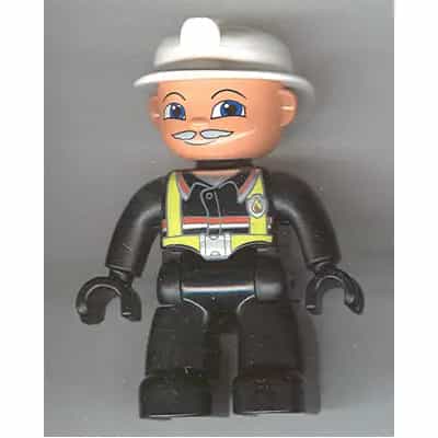 Duplo Figure Lego Ville, Male Fireman, Black Legs, Black Hands, White Helmet, Light Gray Moustache