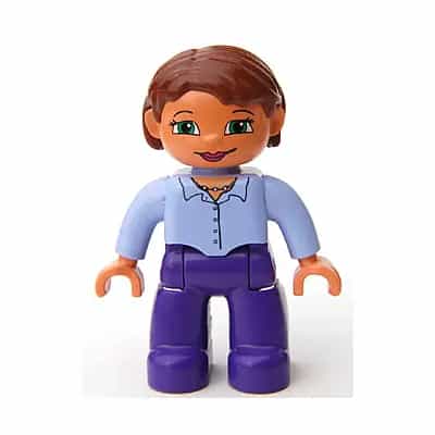 Duplo Figure Lego Ville, Female, Dark Purple Legs, Light Lilac Button Top with Necklace, Nougat Hands, Reddish Brown Hair, Green Eyes