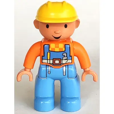 Duplo Figure Lego Ville, Male, Medium Blue Legs, Orange Top with Overalls, Yellow Construction Helmet (Bob the Builder)