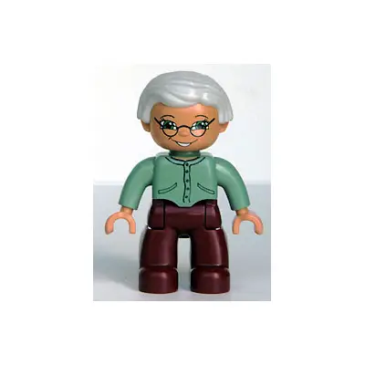 Duplo Figure Lego Ville, Female, Dark Red Legs, Sand Green Sweater, Very Light Gray Hair, Green Eyes, Glasses