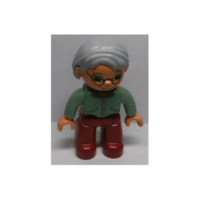 Duplo Figure Lego Ville, Female, Dark Red Legs, Sand Green Sweater, Light Gray Hair, Green Eyes, Glasses