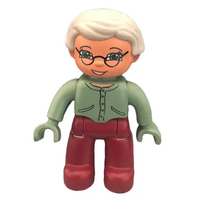 Duplo Figure Lego Ville, Female, Dark Red Legs, Sand Green Sweater and Hands, Very Light Gray Hair, Green Eyes, Glasses