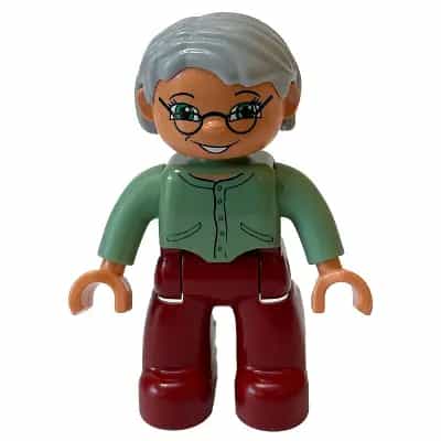Duplo Figure Lego Ville, Female, Dark Red Legs, Sand Green Sweater, Light Bluish Gray Hair, Green Eyes, Glasses