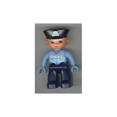 Duplo Figure Lego Ville, Male Police, Dark Blue Legs, Light Blue Top with Badge, Light Blue Hands, Black Hat