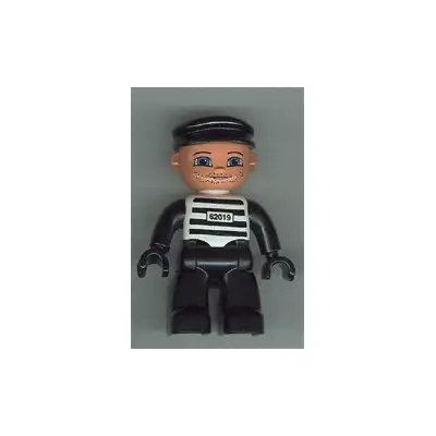 Duplo Figure Lego Ville, Male, Black Legs, Black and White Striped Top with Number 62019, Black Arms and Hands, Black Cap (Prisoner)