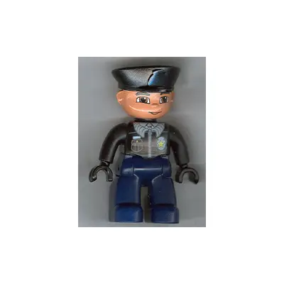 Duplo Figure Lego Ville, Male Police, Dark Blue Legs, Black Top with Badge, Black Arms, Black Hands, Black Hat
