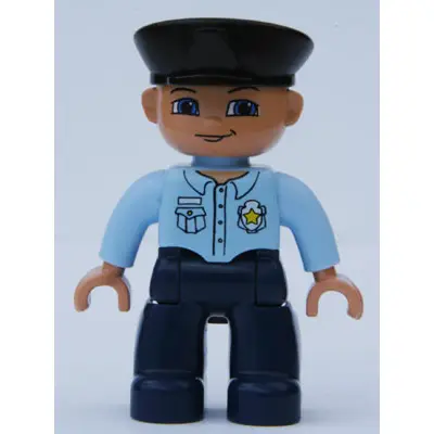 Duplo Figure Lego Ville, Male Police, Black Hat, Nougat Head and Hands, Bright Light Blue Shirt with Badge, Dark Blue Legs