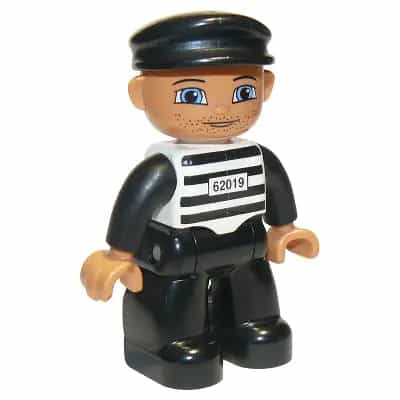 Duplo Figure Lego Ville, Male Prisoner, Black Cap, Light Nougat Head and Hands, Black and White Striped Shirt with '62019', Black Legs