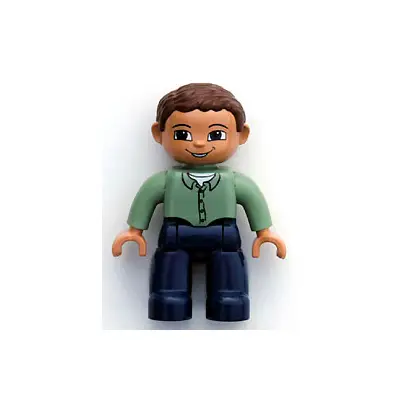 Duplo Figure Lego Ville, Male, Dark Blue Legs, Sand Green Top with Buttons, Reddish Brown Hair, Brown Eyes