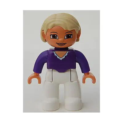 Duplo Figure Lego Ville, Female, White Legs, Dark Purple Top, Tan Hair, Brown Eyes