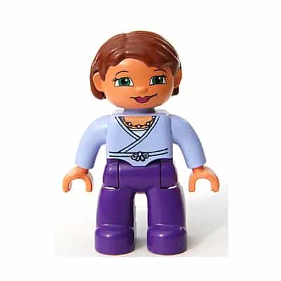Duplo Figure Lego Ville, Female, Dark Purple Legs, Light Lilac Wrap Top with Necklace, Nougat Hands, Reddish Brown Hair, Green Eyes