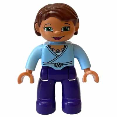 Duplo Figure Lego Ville, Female, Dark Purple Legs, Bright Light Blue Wrap Top with Necklace, Nougat Hands, Reddish Brown Hair, Green Eyes