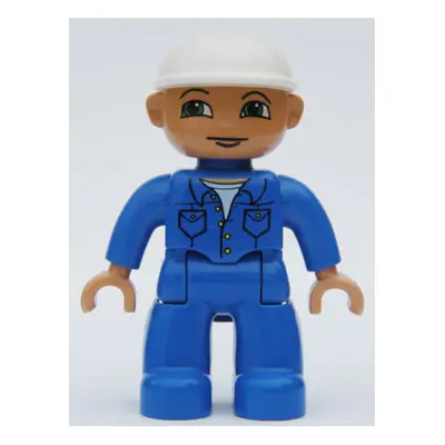 Duplo Figure Lego Ville, Male, Blue Legs, Blue Top with Pockets, White Construction Helmet, Green Eyes Looking Right