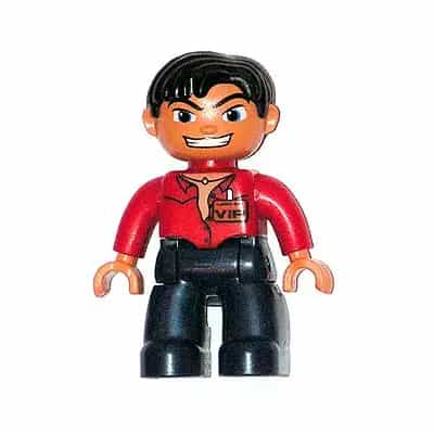 Duplo Figure Lego Ville, Male, Dark Blue Legs, Red Top with Open Collar, Black Hair, VIP Badge