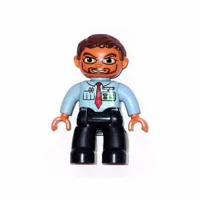 Duplo Figure Lego Ville, Male, Dark Blue Legs, Light Blue Top with Red Tie and ID Badge, Reddish Brown Hair, Beard, Glasses