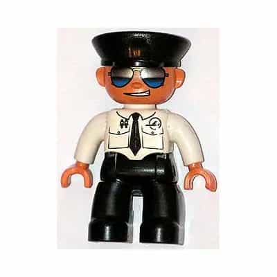 Duplo Figure Lego Ville, Male Pilot, Black Legs, White Top with Airplane Logo and Black Tie, Police Hat, Sunglasses