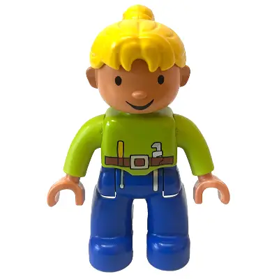 Duplo Figure Lego Ville, Female, Blue Legs, Lime Top with Belt, Screwdriver, and Wrench, Yellow Ponytail Hair (Wendy)