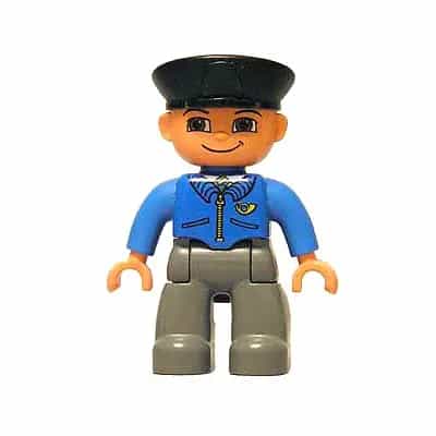 Duplo Figure Lego Ville, Male Post Office, Dark Bluish Gray Legs, Blue Jacket with Mail Horn, Black Police Hat