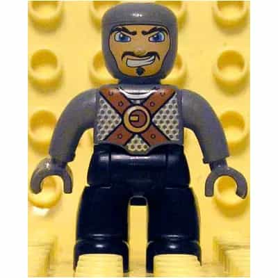 Duplo Figure Lego Ville, Male Castle, Black Legs, Dark Bluish Gray Chest with Brown Belts, Dark Bluish Gray Arms, Dark Bluish Gray Hands