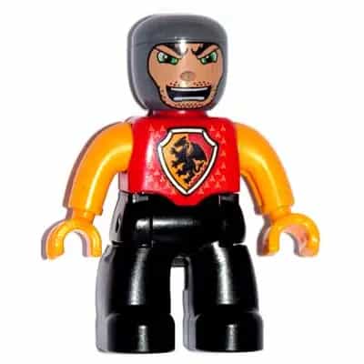Duplo Figure Lego Ville, Male Castle, Black Legs, Red Chest with Dragon Shield, Bright Light Orange Arms and Hands, Stubble and Open Mouth