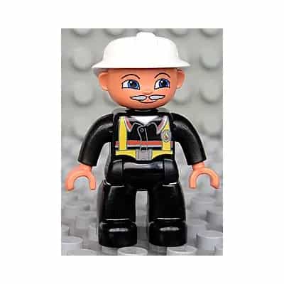Duplo Figure Lego Ville, Male Fireman, Black Legs, Nougat Hands, White Helmet, Light Gray Moustache
