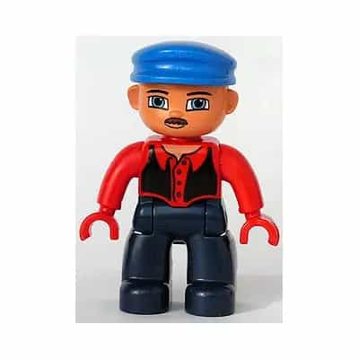 Duplo Figure Lego Ville, Male, Dark Blue Legs, Red Top with Black Vest, Red Hands, Blue Cap, Blue Eyes, Moustache